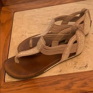 Bejeweled light gray/purple/nude colored sandals